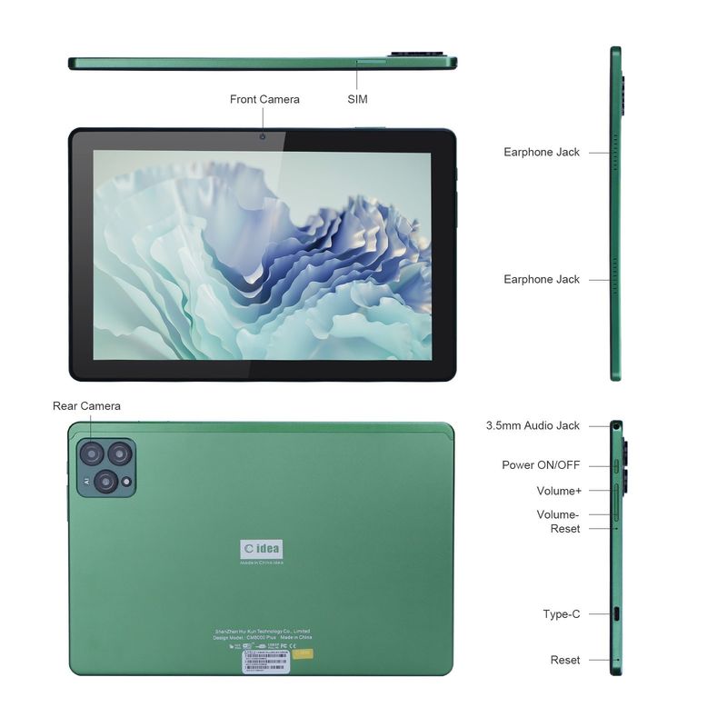 C idea Tablet PC de 10 pulgadas con cámaras de 13MP + 16MP y 256GB de memoria extendida con pantalla IPS de alta definición CM8000plus