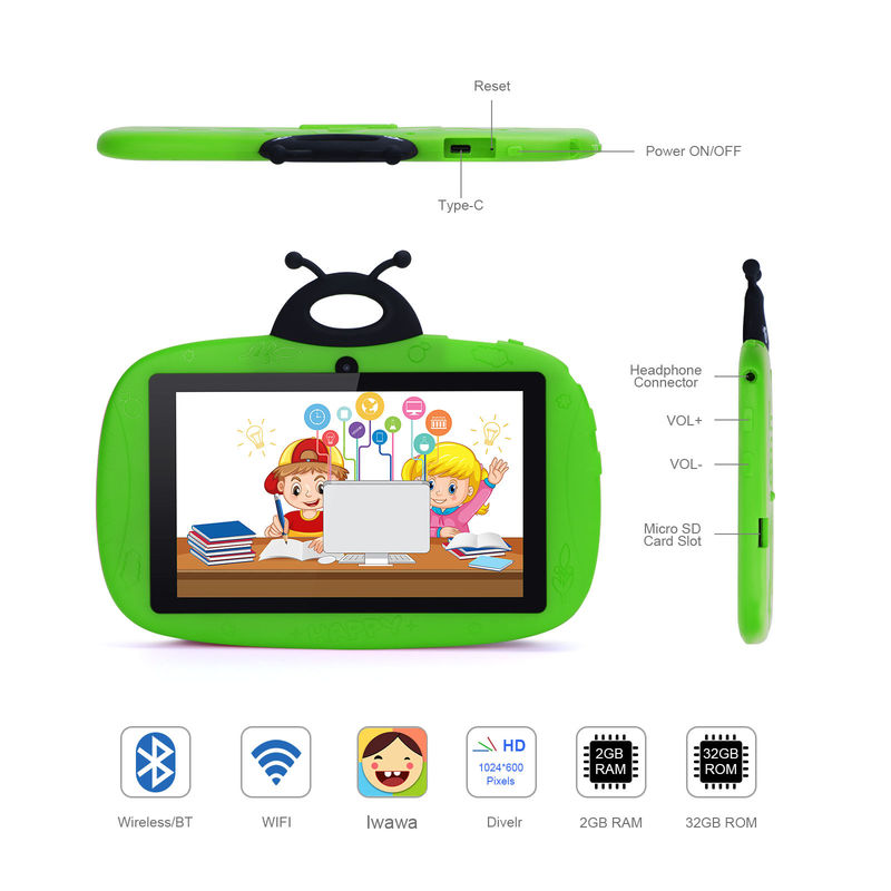 C idea Dual Camera WiFi 7 pulgadas Tablet PC Android Niños Para Aprendizaje de Pequeños 128GB con Caso Niños App CM76 Verde