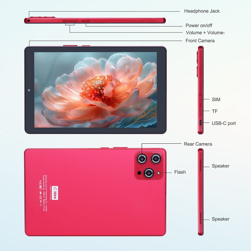 C idea 9 pulgadas Android 12 Tablet 8GB RAM 512GB ROM 5MP + 8MP Tablet WIFI de doble cámara con SIM CM915 (rojo)