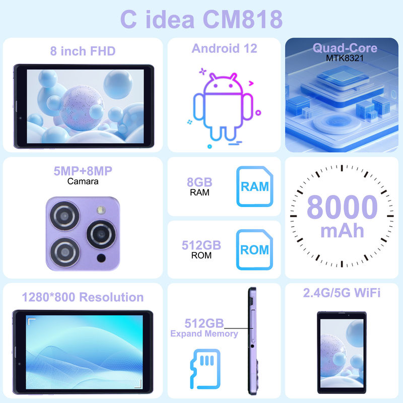 C Idea Portable 8 En Android Tablet PC 8 GB de RAM 512 GB Android 12 Tablet IPS HD Display Cuad Core CM818-Purple También se puede utilizar para el uso en dispositivos móviles.