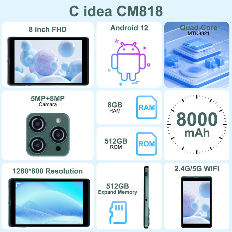 C idea 8 pulgadas Android Tablet PC con Android 12 sistema operativo Cuad Core CPU 8 GB de RAM 512 GB de almacenamiento IPS HD pantalla CM818-verde