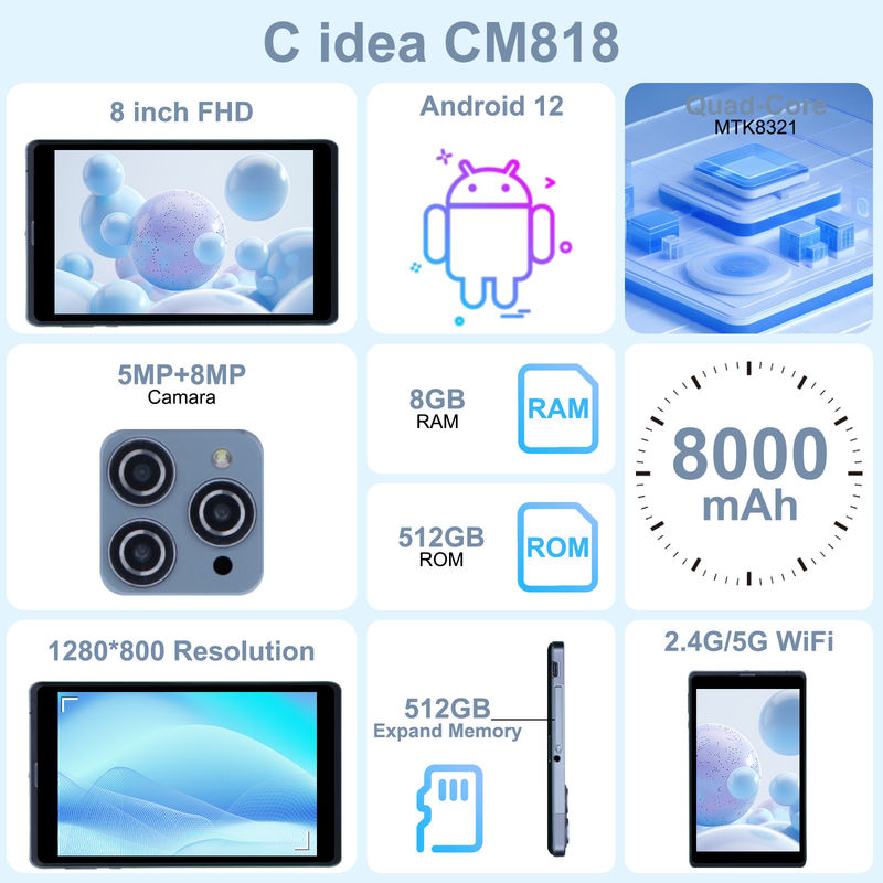 C idea Android Tablet PC con doble cámara 8 pulgadas 1280x800 IPS HD Display Android 12 tabletas para estudiantes CM818-gris