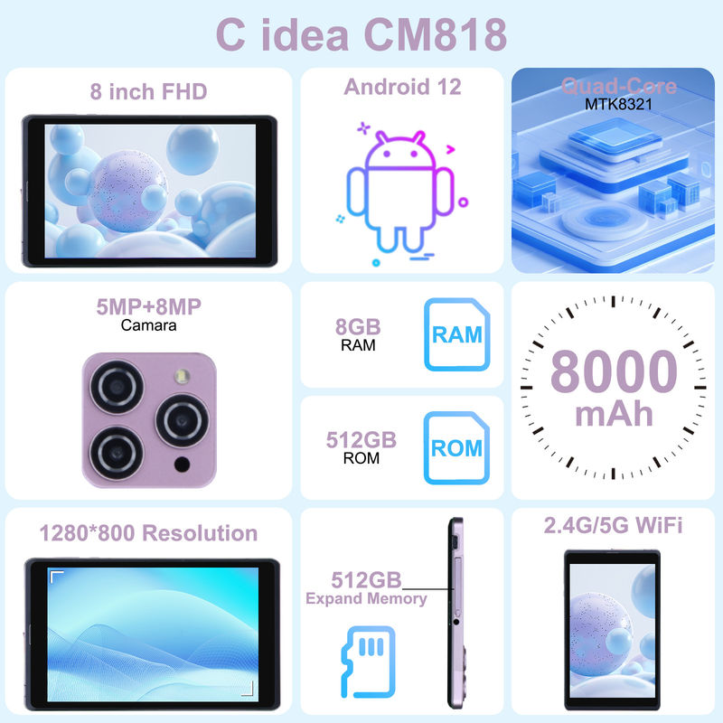 C idea 8 pulgadas Android 12 Tablet 8000mAh Batería 5+8MP Cámara 8GB RAM 512GB ROM para la educación Aprendizaje CM818-rosa