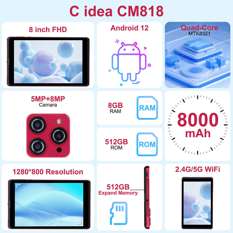 C idea 8 pulgadas Android 12 Tablet 8GB RAM 512GB ROM 8000mAh Batería 5+8MP Cámara para estudiante con soporte SIM CM818-rojo