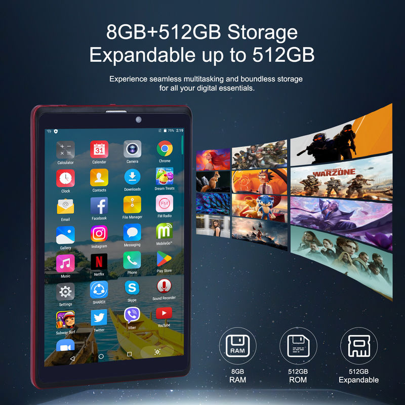 C idea 8 pulgadas Android 12 Tablet 8GB RAM 512GB ROM 8000mAh Batería 5+8MP Cámara para estudiante con soporte SIM CM818-rojo