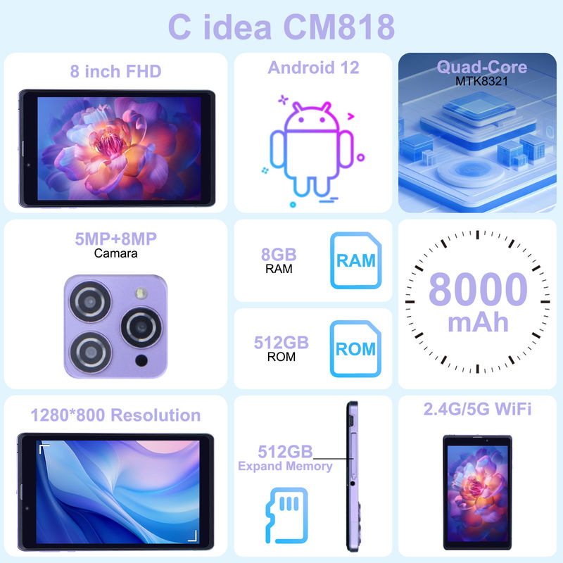 C Idea Portable 8 En Android Tablet PC 8 GB de RAM 512 GB Android 12 Tablet IPS HD Display Cuad Core CM818-Purple También se puede utilizar para el uso en dispositivos móviles.