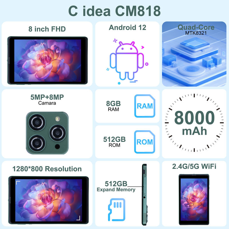 C idea Tablet Android portátil de 8 pulgadas con Android 12 Cuad Core CPU 8 GB de RAM 512 GB de almacenamiento IPS Pantalla HD CM818-verde