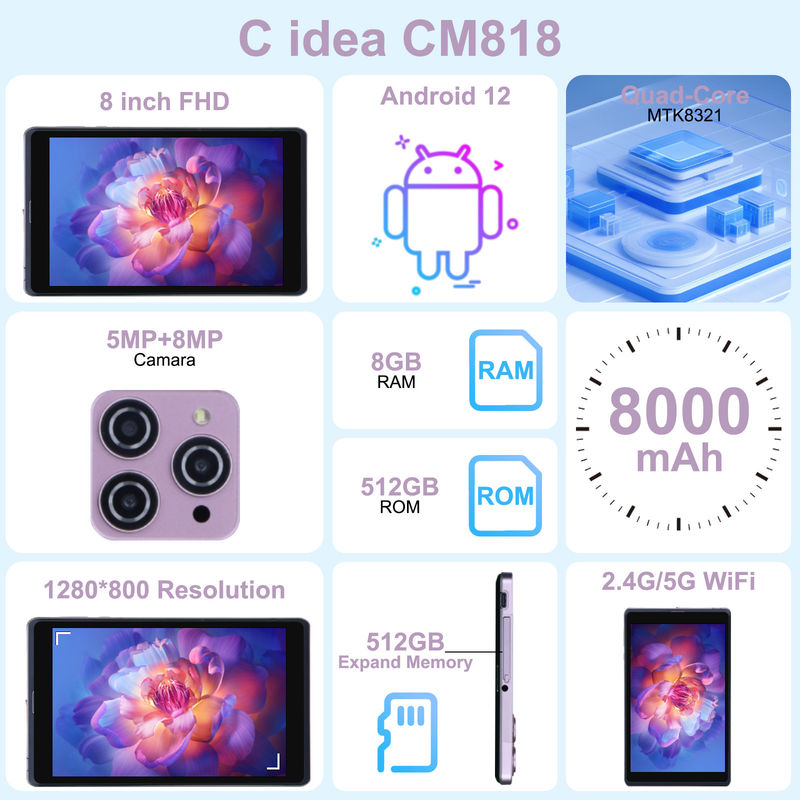 C Idea 8 pulgadas Android 12 Tablet 8000mAh Batería 5MP + 8MP Cámara 8GB RAM 512GB ROM Para la educación Aprendizaje CM818-rosa
