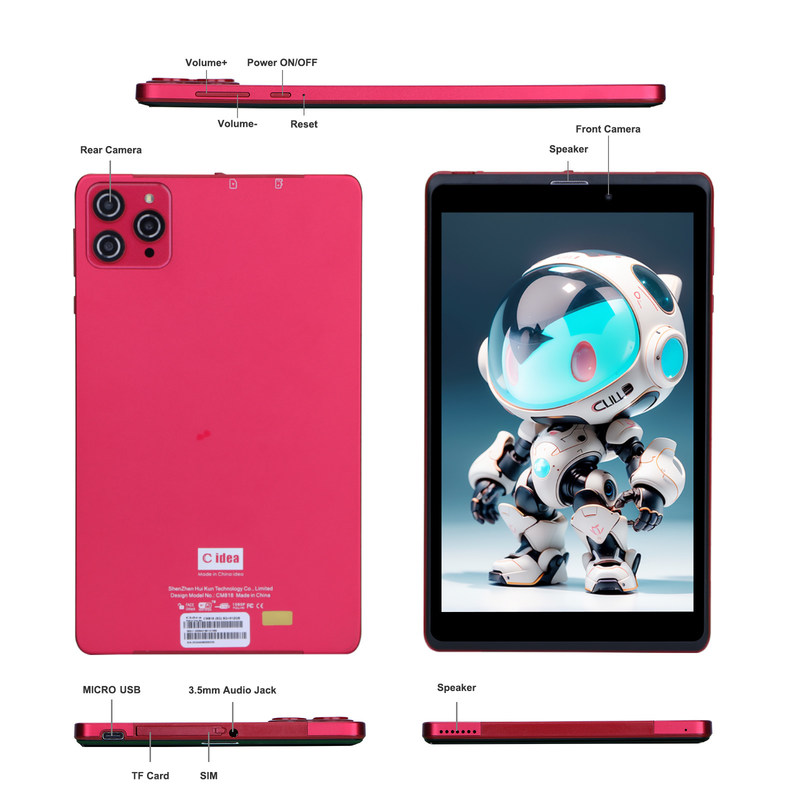C idea 8 pulgadas Android 12 Tablet 8GB RAM 512GB ROM 8000mAh Batería 5+8MP Cámara para adolescentes con soporte SIM CM818-rojo