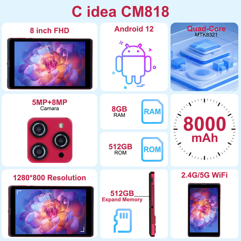 C idea 8 pulgadas Android 12 Tablet 8GB RAM 512GB ROM 8000mAh Batería 5+8MP Cámara para adolescentes con soporte SIM CM818-rojo