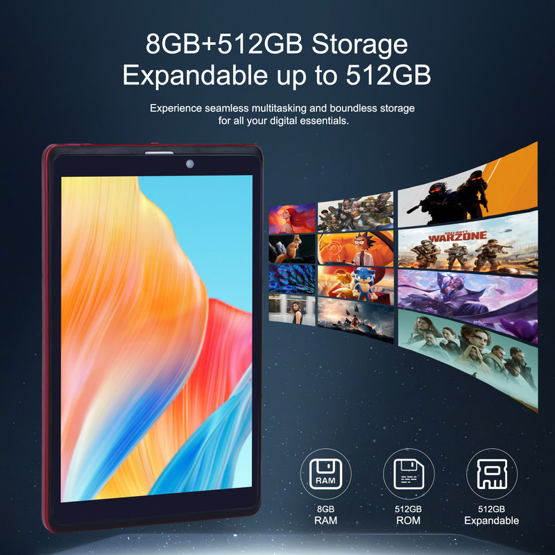 C idea 8 pulgadas Android 12 Tablet 8GB RAM 512GB ROM 8000mAh Batería 5+8MP Cámara para adolescentes con soporte SIM CM818-rojo