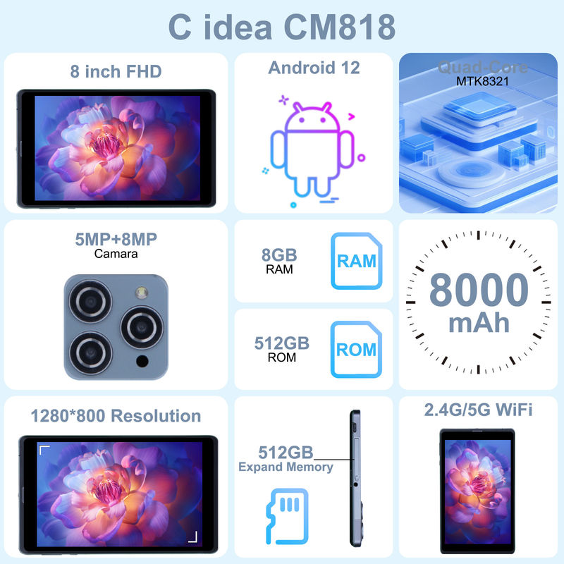 C idea Android Tablet PC con doble cámara 8 pulgadas 1280x800 IPS HD Display Android 12 Tablets para adolescentes CM818-Grey
