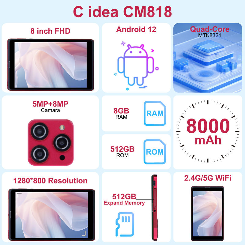 C idea 8 pulgadas Android 12 Tablet 8GB RAM 512GB ROM 8000mAh Batería 5+8MP Cámara para estudiante con soporte SIM CM818-rojo