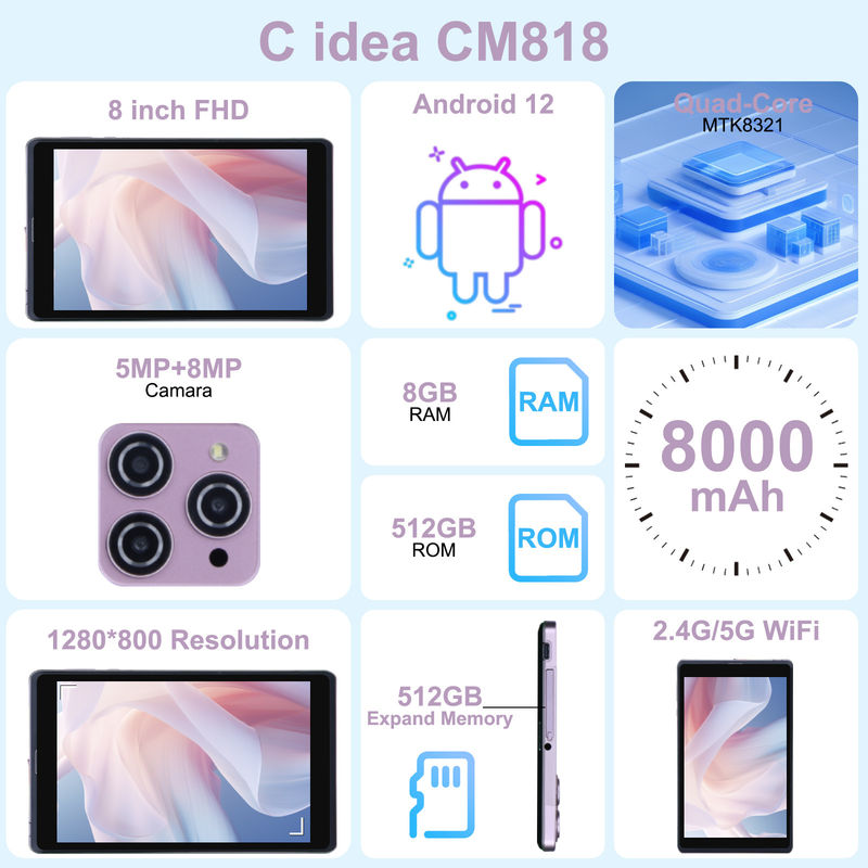 C idea 8 pulgadas Android 12 Tablet 8000mAh Batería 5+8MP Cámara 8GB RAM 512GB ROM para la educación Aprendizaje CM818-rosa