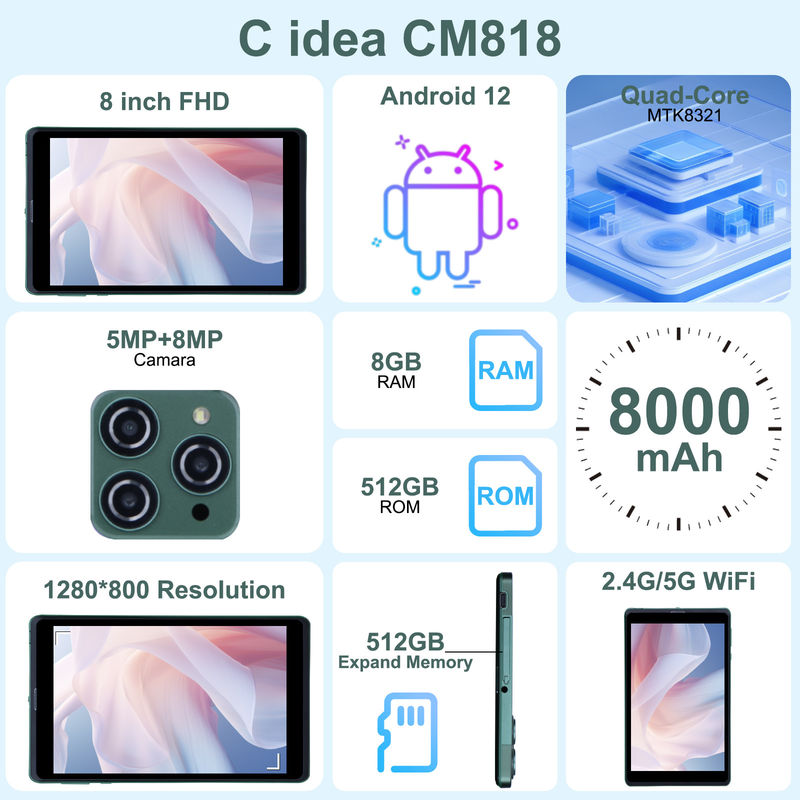 C idea 8 pulgadas Android Tablet PC con Android 12 sistema operativo Cuad Core CPU 8 GB de RAM 512 GB de almacenamiento IPS HD pantalla CM818-verde