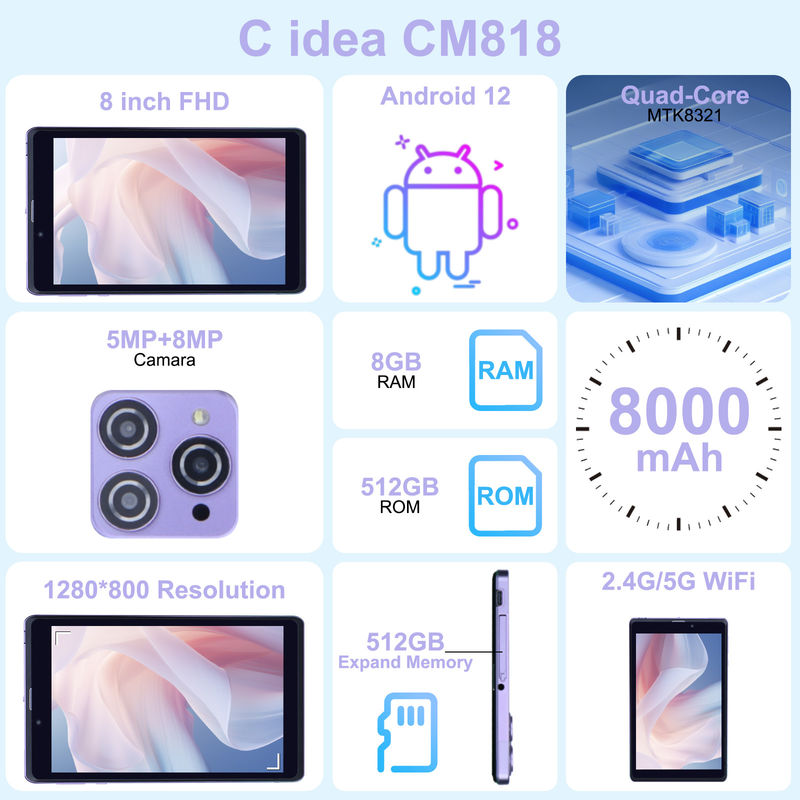 C Idea Portable 8 En Android Tablet PC 8 GB de RAM 512 GB Android 12 Tablet IPS HD Display Cuad Core CM818-Purple También se puede utilizar para el uso en dispositivos móviles.