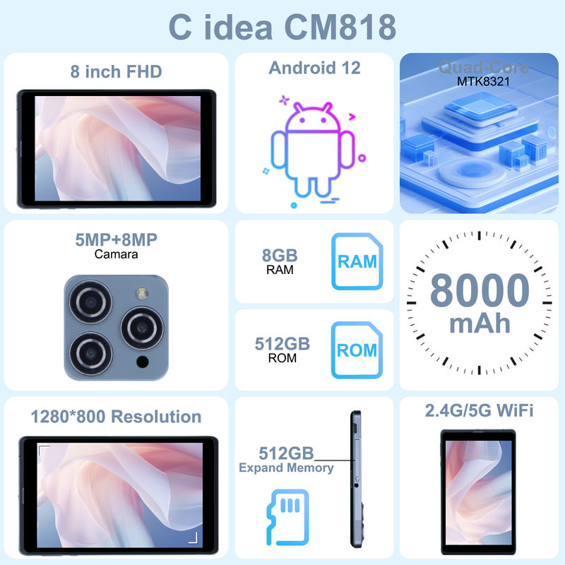 C idea Android Tablet PC con doble cámara 8 pulgadas 1280x800 IPS HD Display Android 12 tabletas para estudiantes CM818-gris
