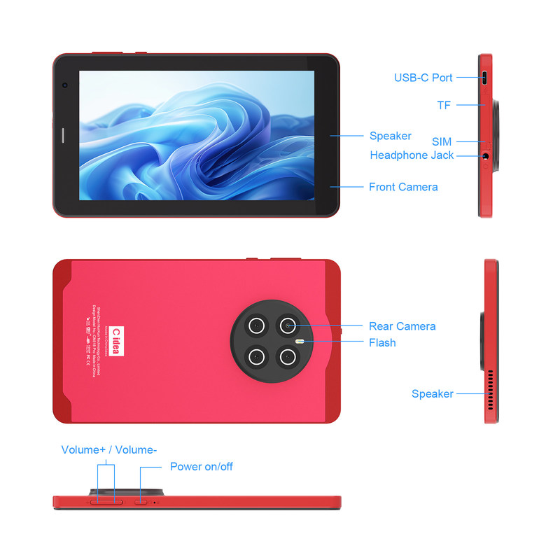 C Idea Android 13 tabletas con SIM Wifi 7 pulgadas Tablet de pantalla táctil para estudiantes CM518 Pro Rojo
