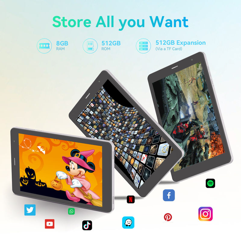 C Idea ODM Batería de 8 pulgadas de 512 GB de larga duración Dual cámara Octa-Core Procesador Android Tablet Pc con estuche para estudiantes CM828 Plata
