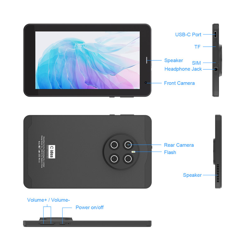 C Idea Android 13 Tablet 512GB con SIM 7 pulgadas Tablet PC CM518 Pro Negro