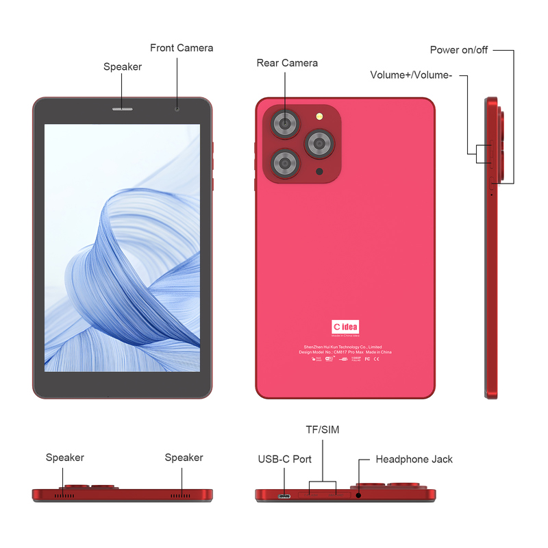 C idea Tablet Wifi de 8 pulgadas con 8+512 GB de almacenamiento Procesador Quad Core 800x1280 IPS Pantalla táctil rojo CM817 Pro