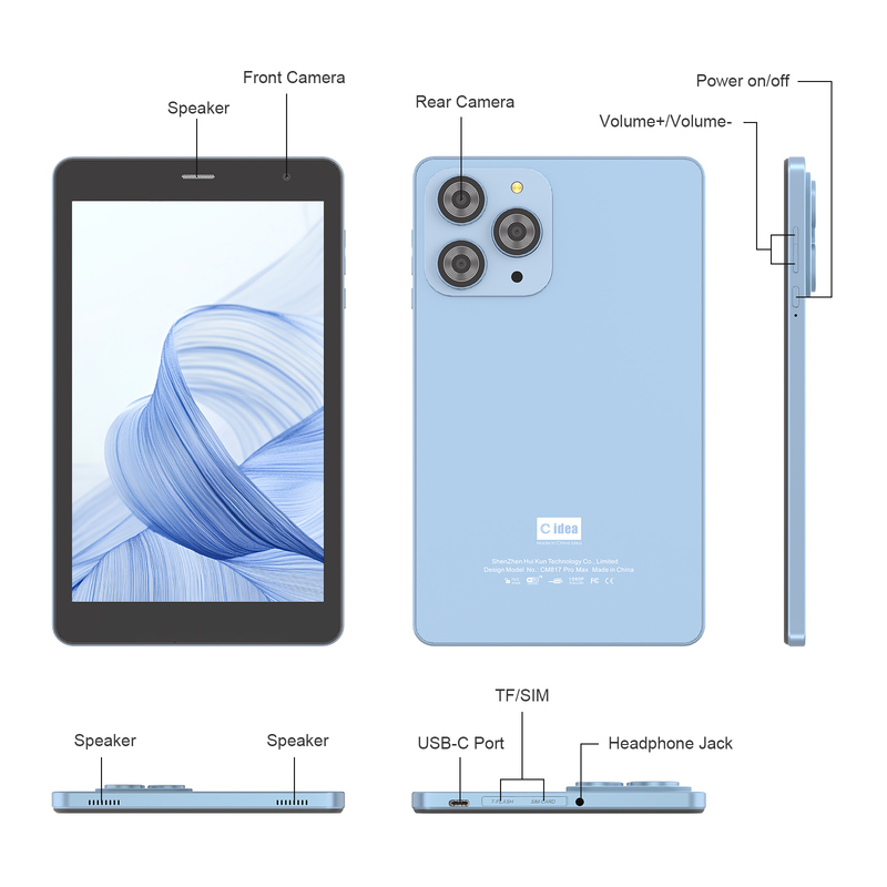 C idea Tablet Wifi de 8 pulgadas con 8+512 GB de almacenamiento Cuad Core Procesador 800x1280 IPS Pantalla táctil azul CM817 Pro