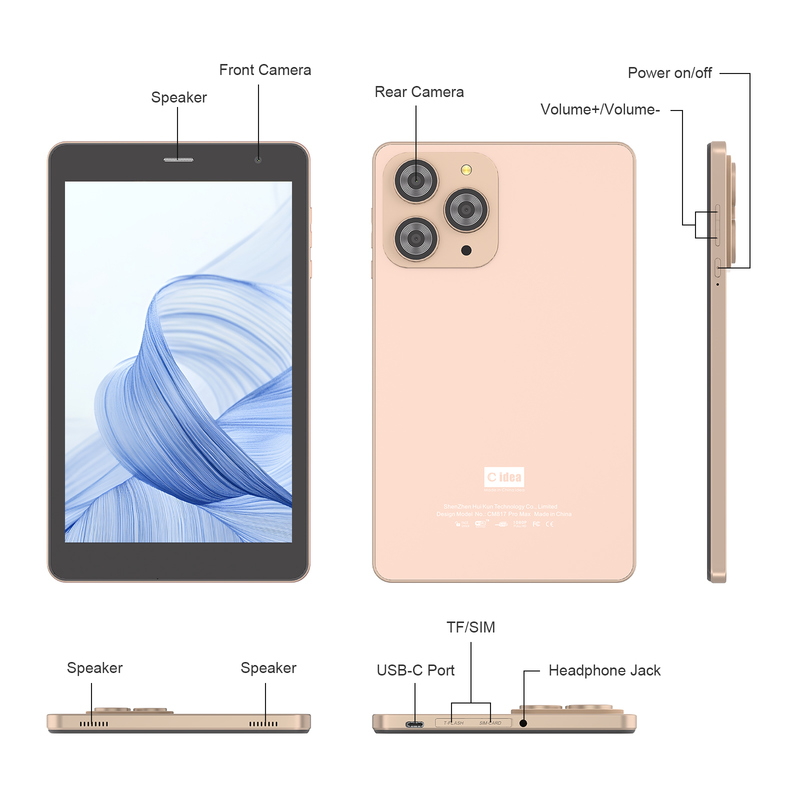 Tableta C idea de 8 pulgadas con Wifi, 8+512GB de almacenamiento, procesador de cuatro núcleos, pantalla táctil IPS 800x1280, dorada CM817 Pro