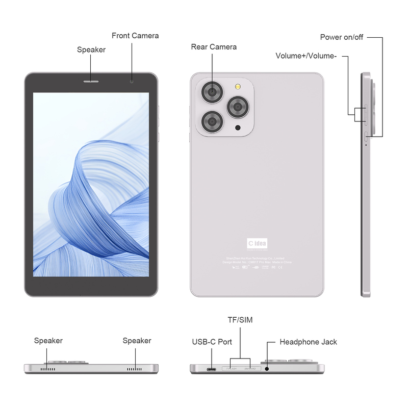 Tableta C idea de 8 pulgadas con Wifi, 8+512GB de almacenamiento, procesador de cuatro núcleos, pantalla táctil IPS 800x1280, plateada CM817 Pro