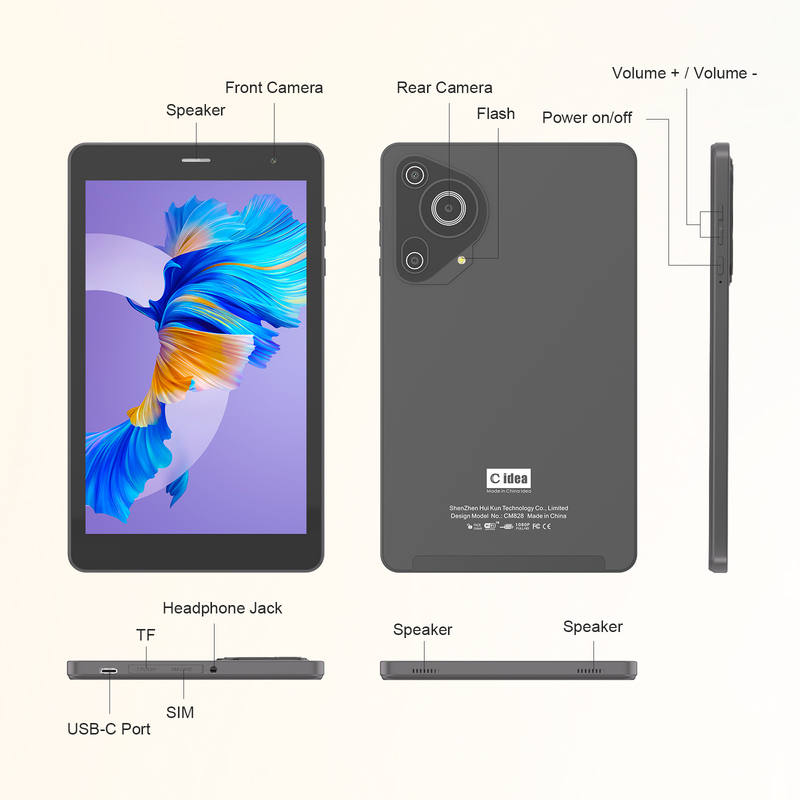 Tableta C idea Youth de 8 pulgadas Android 15 con pantalla de luz negra, WiFi, 8GB + 512GB, 800*1280 IPS incell CM828