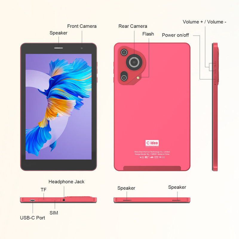 C idea Juvenil rojo 8 pulgadas Tablet Android 15 con ranura para tarjetas tf, WiFi, 8GB + 512GB, 800 * 1280 IPS incell CM828