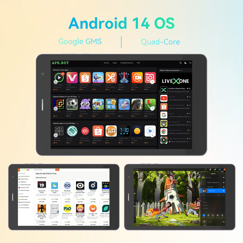 C idea Youth plata 8 pulgadas Tablet Android 15 con ranura para tarjetas tf, WiFi, 8GB + 512GB, 800 * 1280 IPS incell CM828