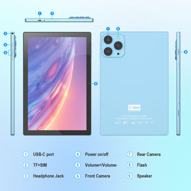 C idea Fábrica 10.1 pulgadas Pantalla HD Sistema Android 8GB + 1TB Gran almacenamiento Adultos Tablet PC CM8700 Plus
